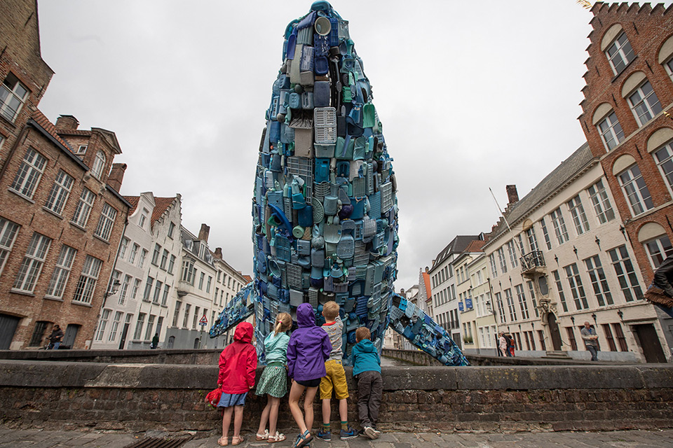 'Skyscraper' Whale Sculpture in Bruges Made of Ocean Plastic Waste by StudioKCA
