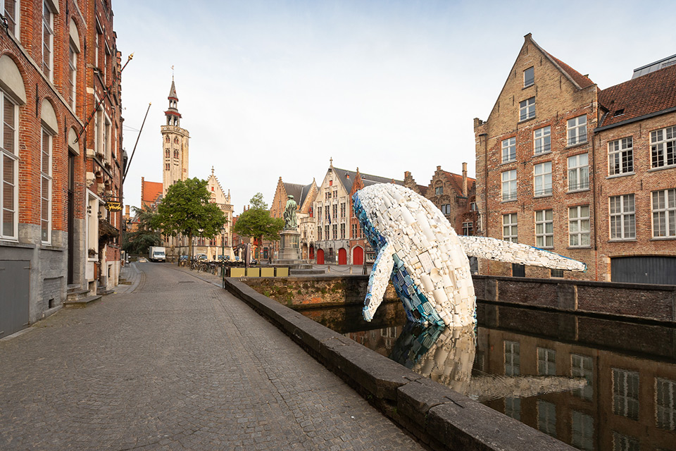 'Skyscraper' Whale Sculpture in Bruges Made of Ocean Plastic Waste by StudioKCA